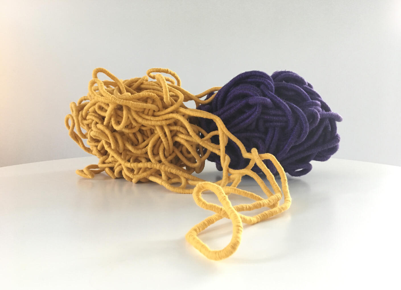 Yellow and purple fiber sculptures || 2017 || yarn and rope || by Nate DeWaele